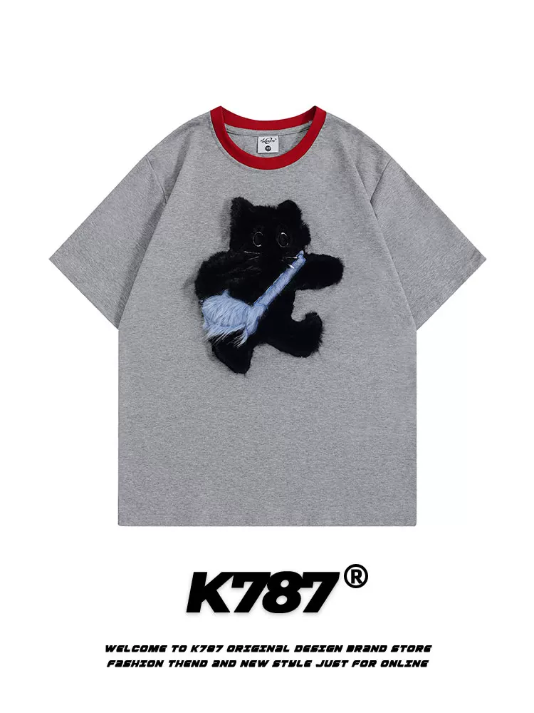 K787 Áo thun ngắn tay thêu hình mèo phong cách retro Mỹ dành cho nam và nữ, phong cách lười biếng, áo thun cặp đôi vui nhộn