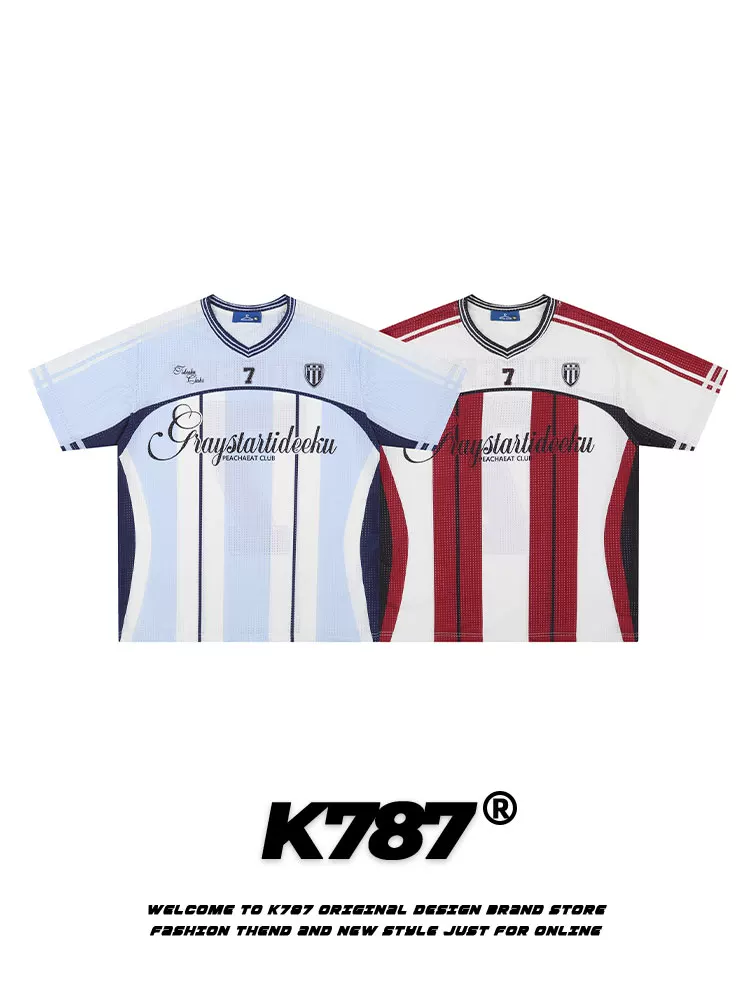 Áo thun unisex kiểu dáng thể thao cổ điển Mỹ K787, tay raglan rộng, chất liệu thun kẻ sọc, mặc mùa hè, tay ngắn