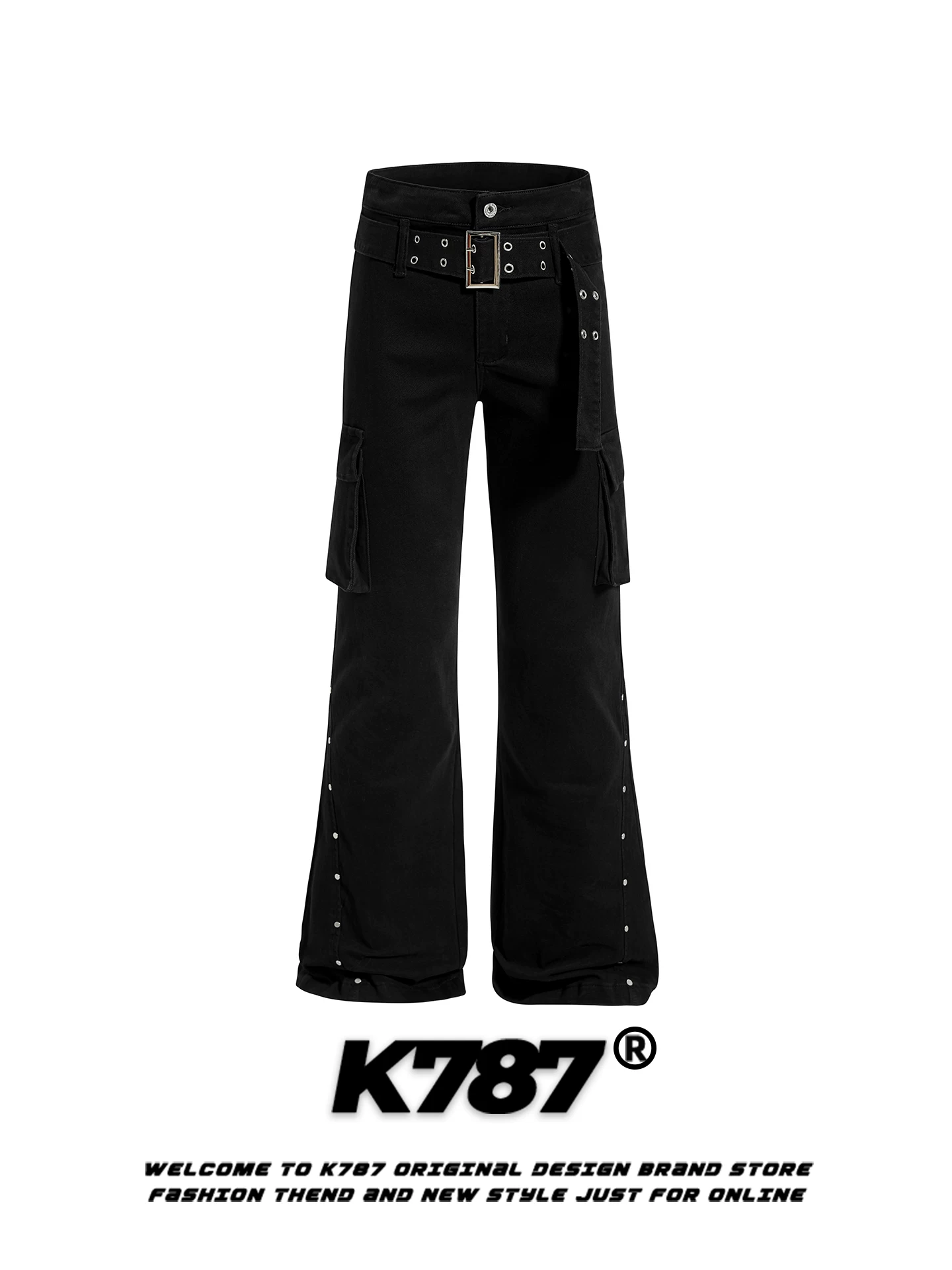 Quần jeans ống loe kiểu Mỹ cổ điển 1K787, trang trí đinh tán, dành cho nam và nữ, nhiều túi, cạp cao, thương hiệu thời trang đường phố, quần ống rộng