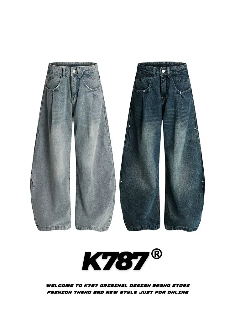 Quần jeans K787 kiểu đường phố Mỹ, chất liệu washed nhăn, cạp cao, dành cho nam và nữ, quần ống rộng xu hướng thời trang, dáng suông thoải mái.