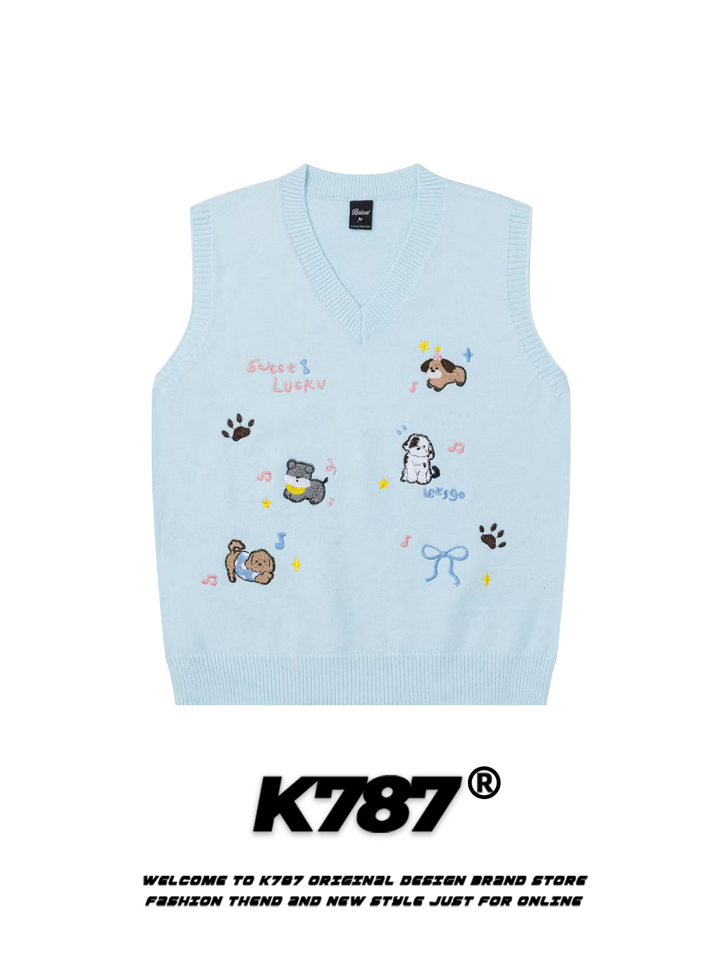 K787 Áo vest cổ chữ V thêu hình động vật hoạt hình phong cách ngọt ngào của Mỹ dành cho nam và nữ, áo len dệt kim dáng rộng phong cách đại học.