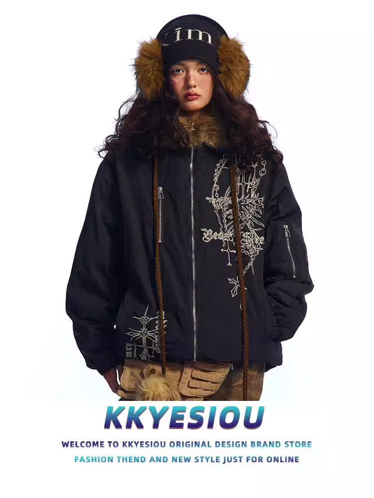 Áo khoác có mũ trùm đầu dày dặn, cổ lông thú, kiểu dáng xu hướng quốc gia mùa đông KKyesiou2024 dành cho nam và nữ, áo khoác cotton dài trung bình phong cách lười biếng