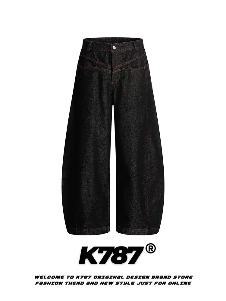 Quần jeans unisex K787 kiểu Mỹ cổ điển phối màu hip-hop, dáng rộng, cạp cao, xu hướng thời trang