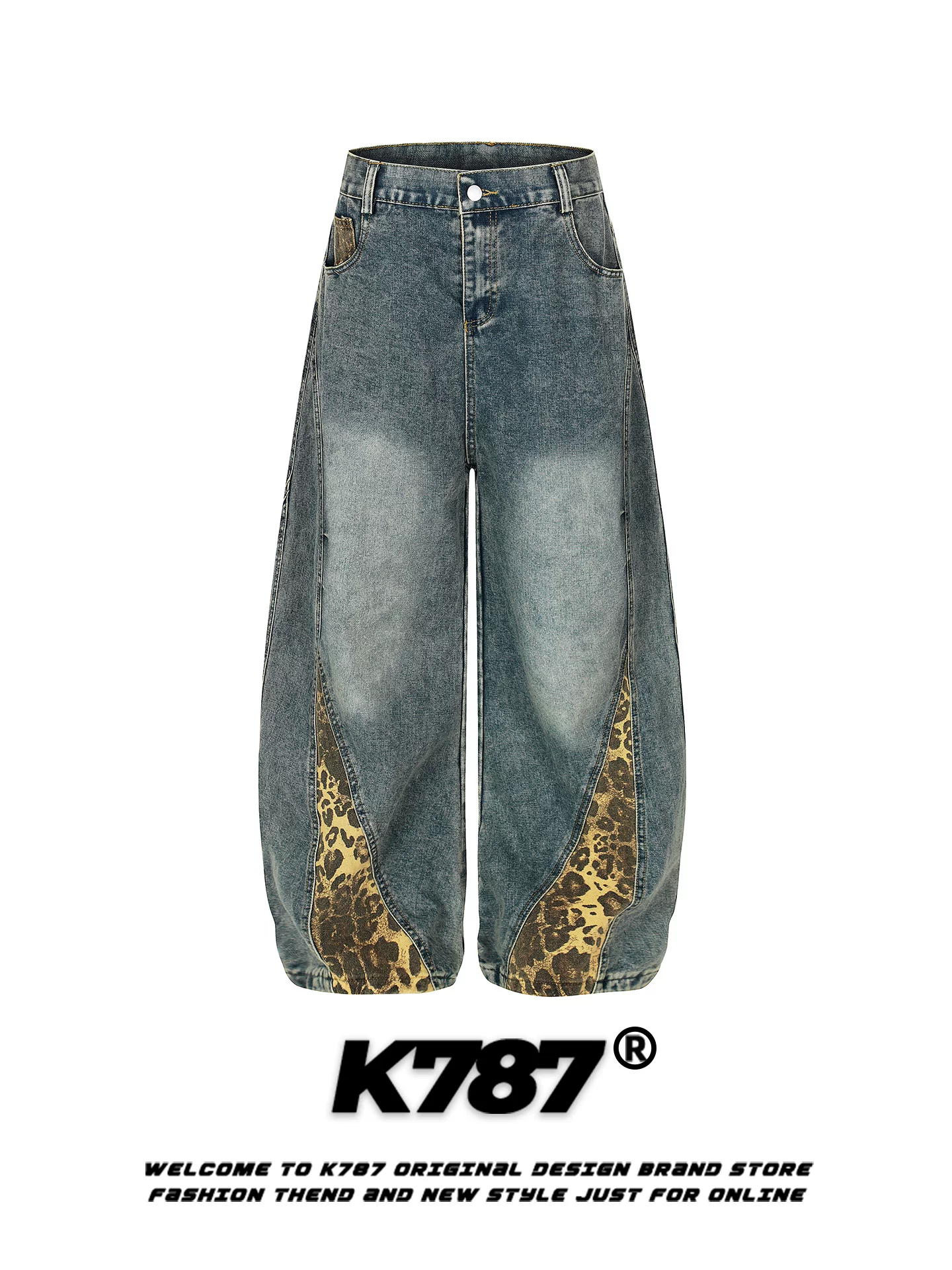 Quần jeans unisex kiểu dáng rộng, đa năng, phong cách retro Mỹ, họa tiết da báo ghép mảnh, thiết kế phá cách, kiểu dáng quần ống rộng, thích hợp đi làm.