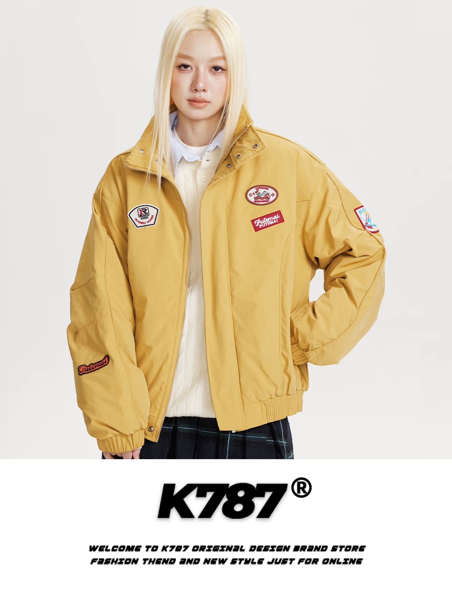 Áo khoác cotton cổ đứng thêu họa tiết ghép mảnh kiểu Mỹ cổ điển K787 dành cho nam và nữ, áo khoác cotton ấm áp thời trang mùa đông dành cho cặp đôi