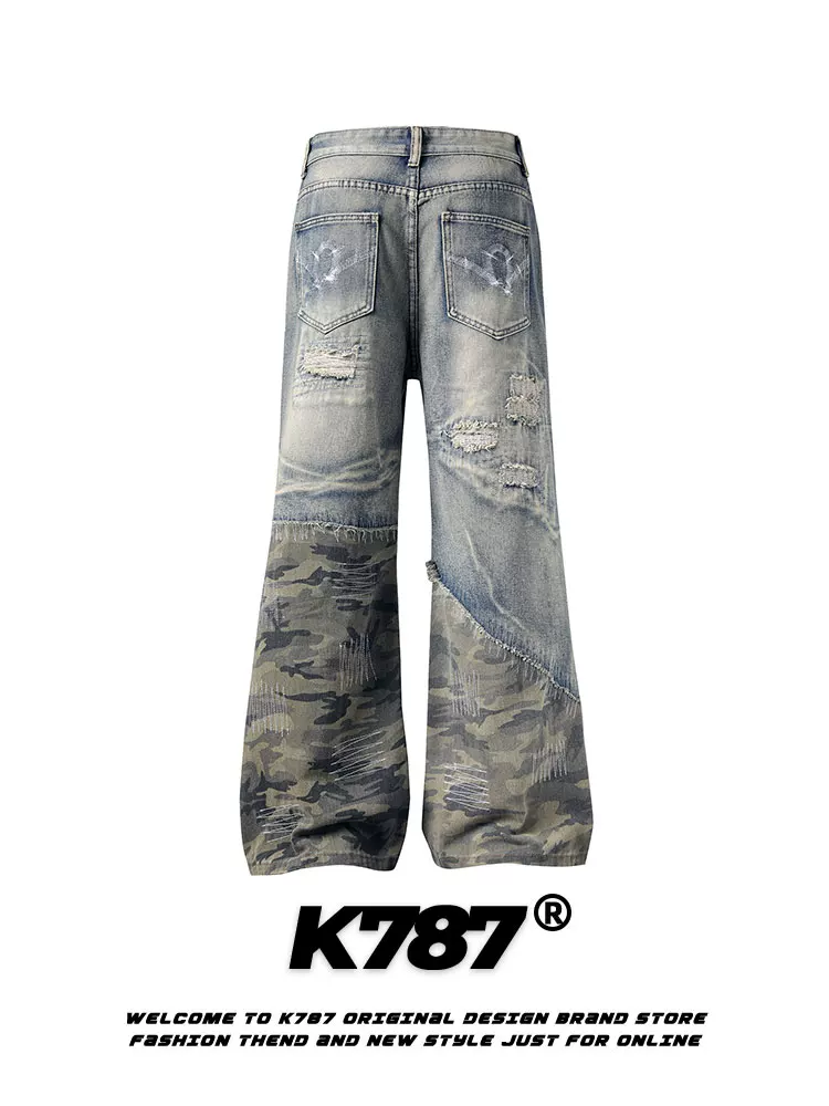 Quần jeans unisex dáng rộng, cạp cao, ống thẳng, phong cách hip-hop, họa tiết rằn ri phối vải vụn kiểu retro Mỹ K787