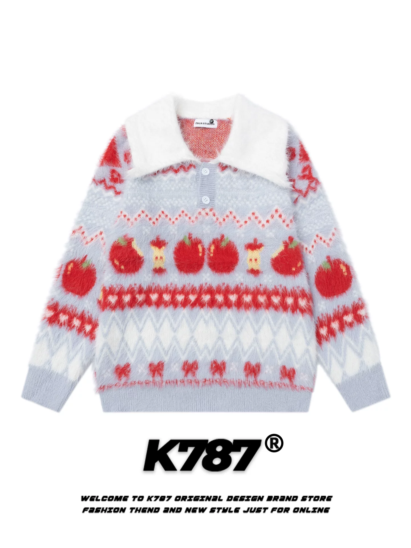 Áo len dệt kim kiểu Mỹ K787 họa tiết quả táo Fair Isle dành cho nữ, áo khoác len dáng rộng đa năng phong cách vintage, thoải mái