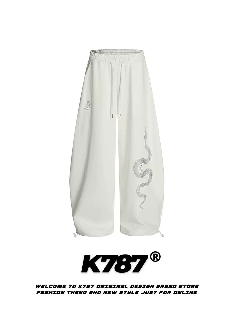 Quần âu kiểu dáng retro Mỹ K787 đính đá hình rắn, unisex, đa năng, dáng rộng, ống thẳng, màu trắng, kiểu dáng kiếm.