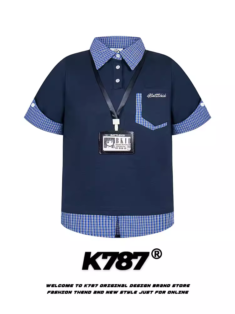 K787 Mỹ retro kẻ sọc giả hai mảnh phong cách đại học áo thun ngắn tay unisex đa năng giản dị áo sơ mi POLO hàng đầu mùa hè