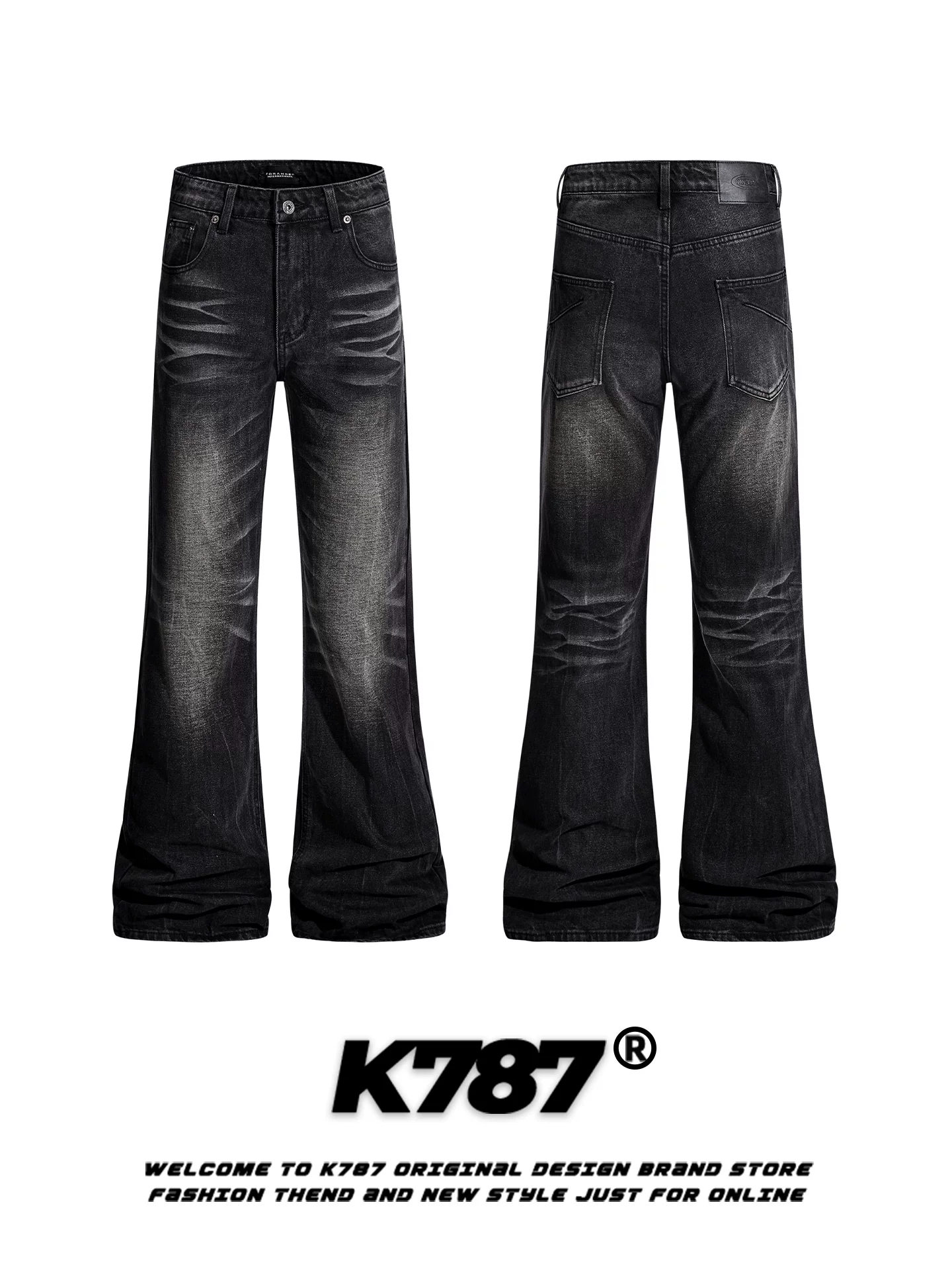 Quần jeans K787 kiểu Mỹ cổ điển, xước, phai màu, dành cho nam và nữ, dáng rộng, tôn dáng, cạp cao, phong cách đường phố, quần ống loe đa năng