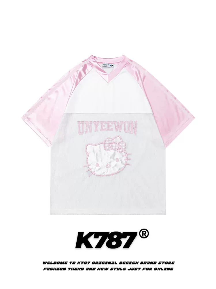 K787 Áo thun ngắn tay phối ren phong cách retro Mỹ dành cho nam và nữ, áo đôi dáng rộng đa năng Hello Kitty dành cho mùa hè.