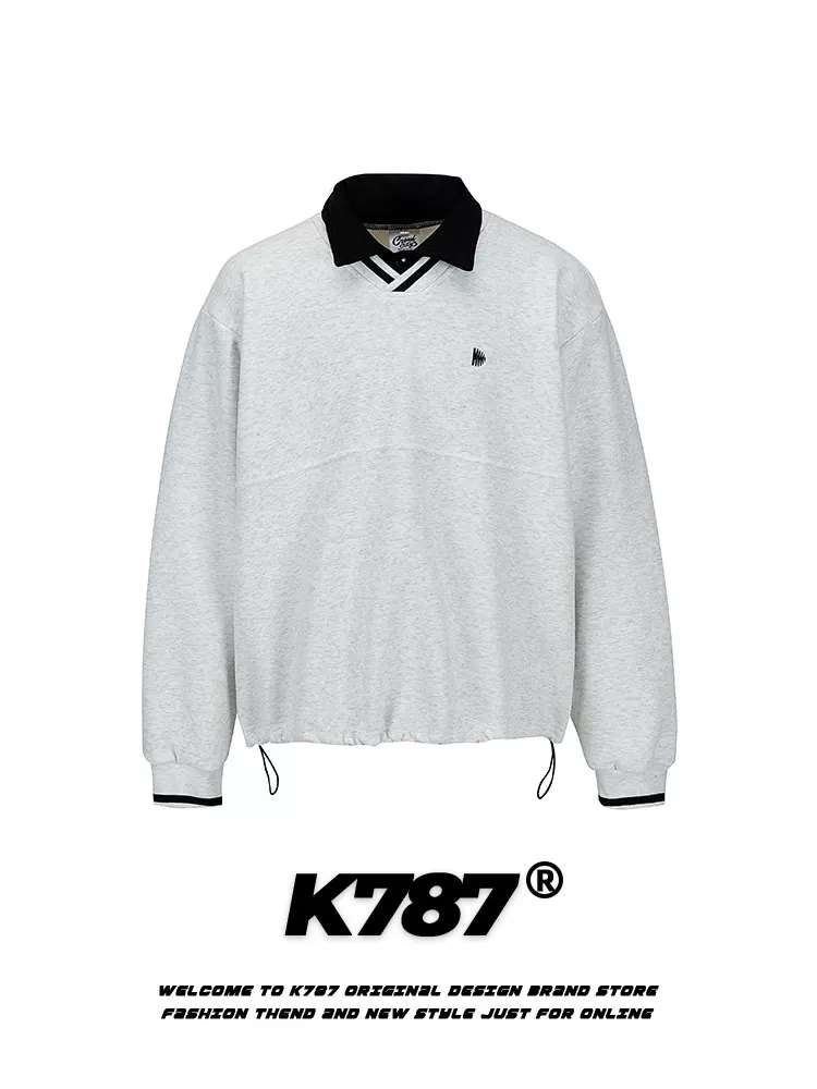 Áo polo đơn giản phối màu cổ điển kiểu Mỹ K787 dành cho nam và nữ, áo sweatshirt thể thao giả hai mảnh đa năng, phong cách thường ngày