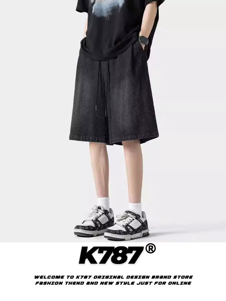 Quần short denim nam K787 kiểu Mỹ cổ điển, họa tiết bầu trời sao, phai màu, rách nhẹ, dáng thẳng, đa năng, dài ngang đùi.