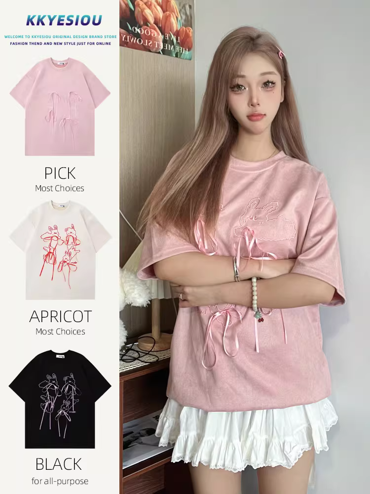 Áo thun ngắn tay thêu nơ cổ điển kiểu Mỹ Kkyesiou dành cho nam và nữ áo đôi màu hồng da lộn hình thỏ