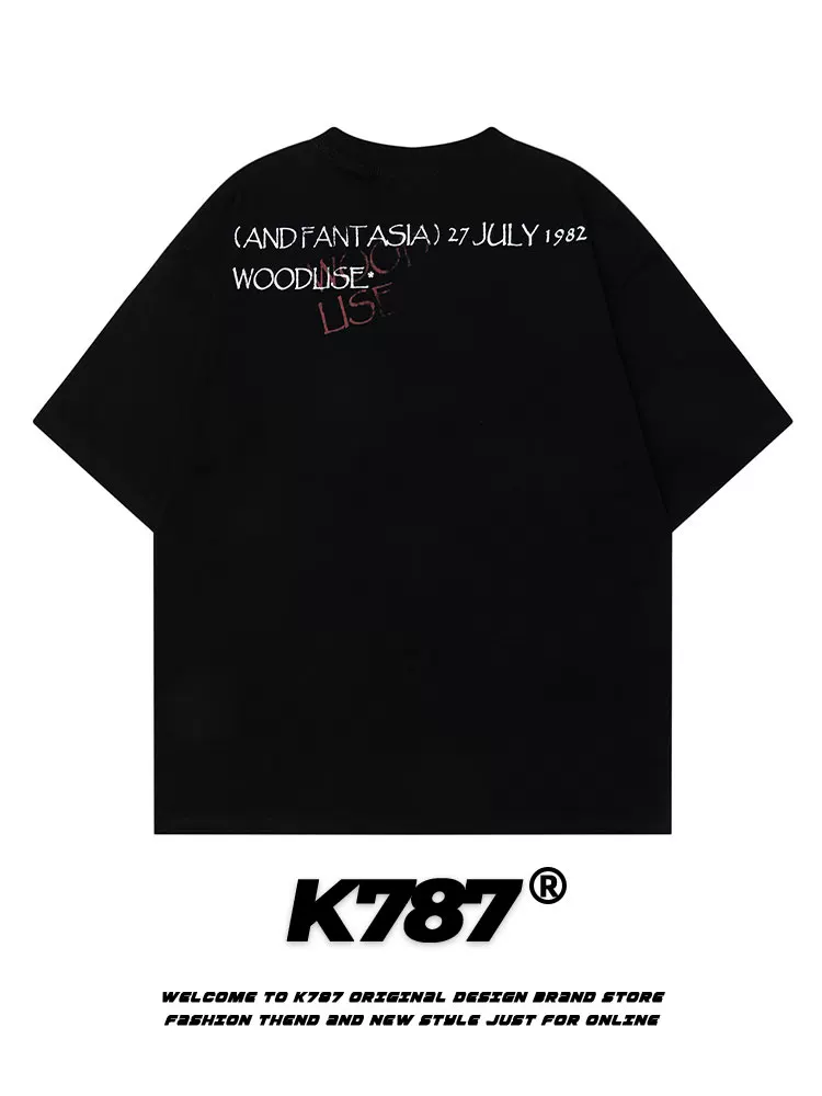 K787 Áo thun ngắn tay in hình đầu chó vui nhộn theo phong cách retro của Mỹ dành cho nam và nữ hip-hop cổ điển cotton nguyên chất áo đôi