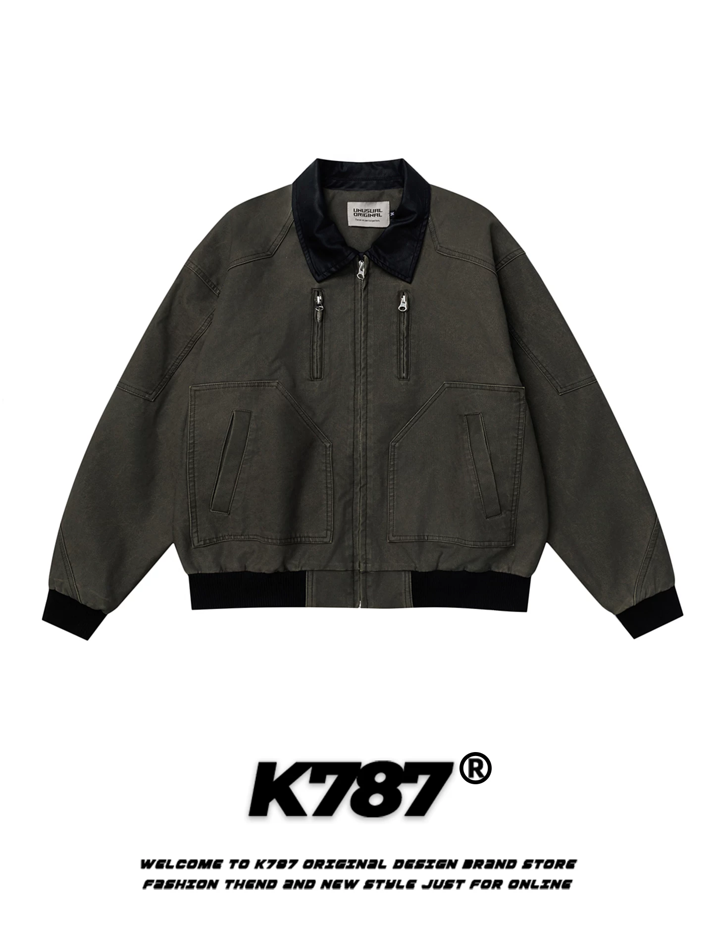 Áo khoác bomber ngắn dáng rộng nhiều túi phối màu phong cách retro Mỹ K787 unisex thời trang thương hiệu cao cấp có khóa kéo