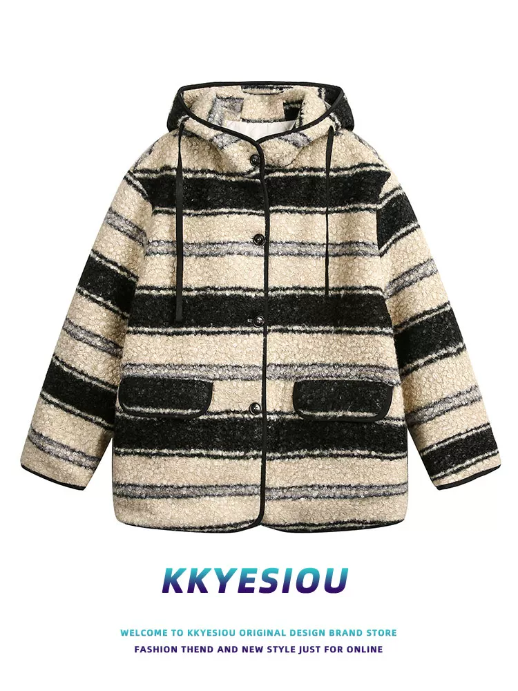 Áo khoác cotton dày có mũ trùm đầu kiểu Mỹ cổ điển sọc kẻ của KKyesiou dành cho nam và nữ, phong cách Chanel mùa đông 2024, áo khoác lót bông