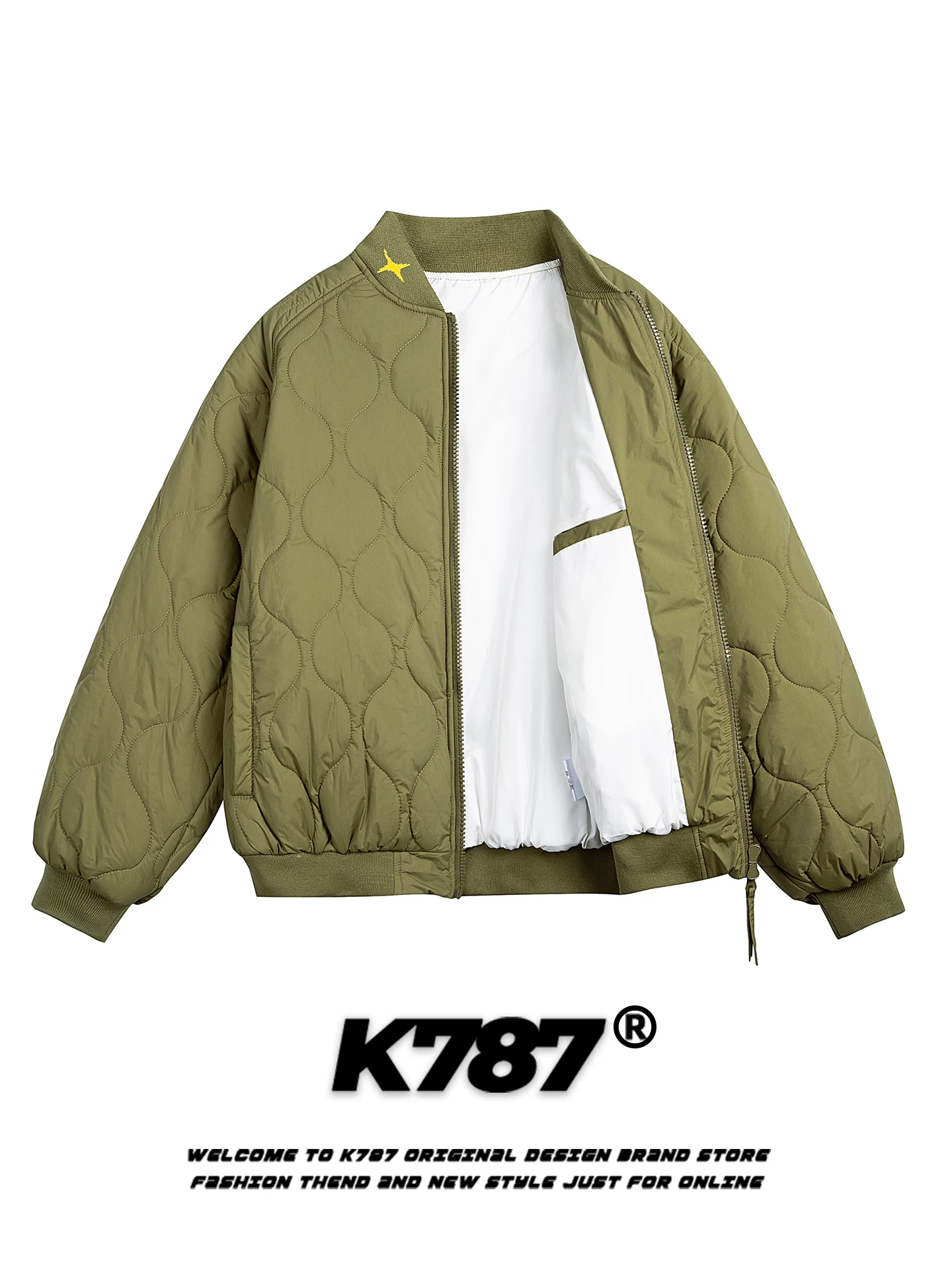 Áo khoác cotton cổ đứng họa tiết bầu kiểu Mỹ cổ điển K787 dành cho nam và nữ, rộng rãi và ấm áp, áo khoác cotton mùa đông 2025 dành cho cặp đôi.