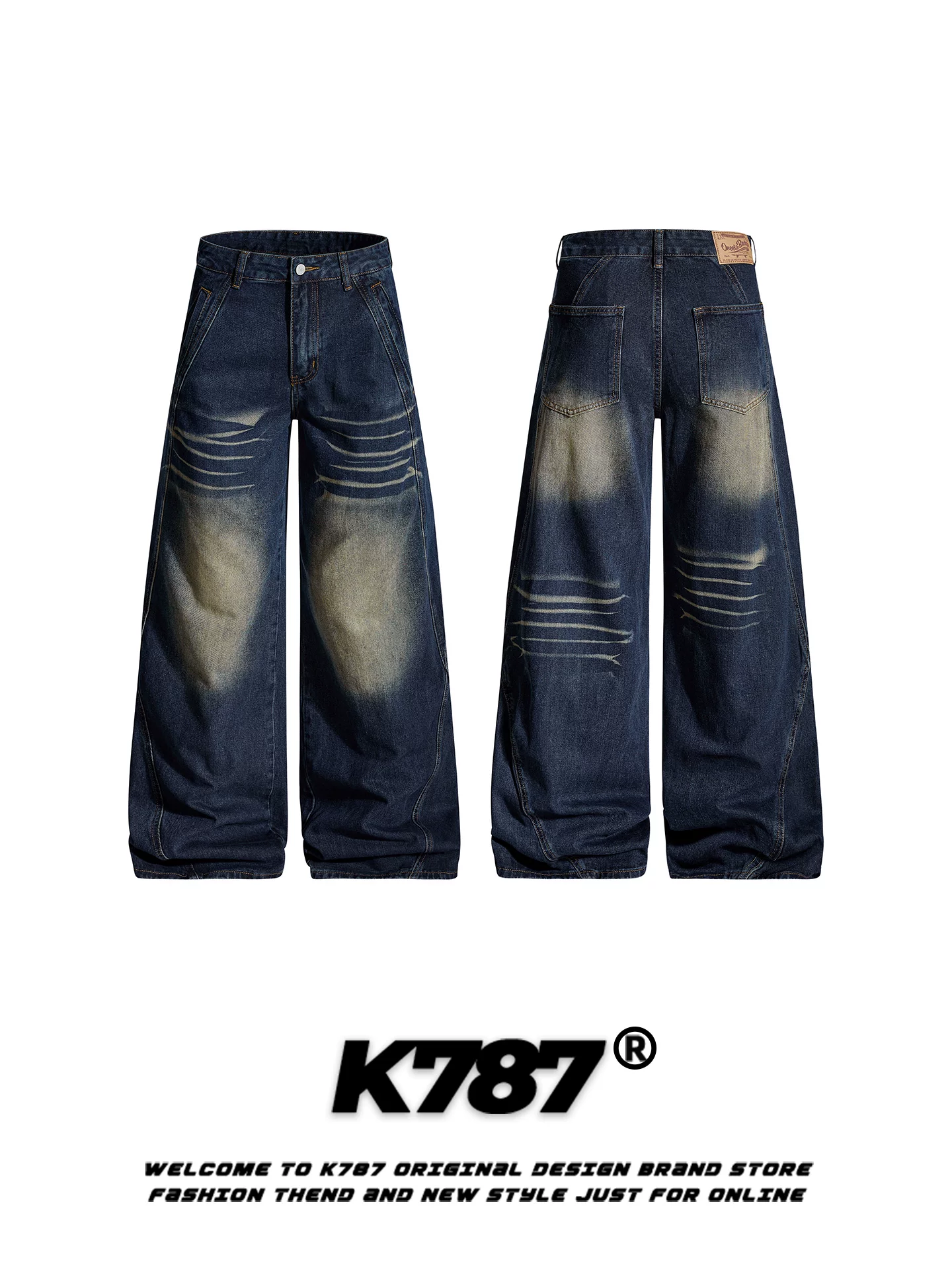 Quần jeans K787 kiểu Mỹ cổ điển, xước rách, dành cho nam và nữ, dáng rộng, thời trang, cạp cao, tôn dáng, ống rộng, dài chạm sàn