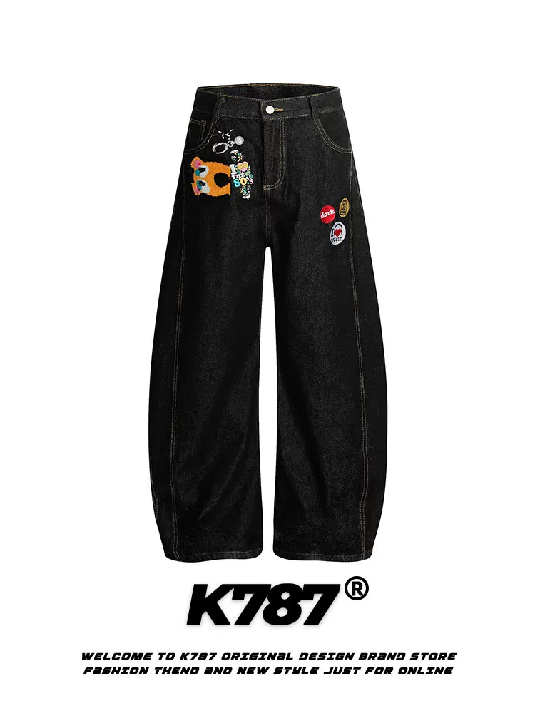 Quần jeans thêu họa tiết hoạt hình retro Mỹ K787, unisex, phong cách đường phố, cạp cao, giặt mài, kiểu dáng xuông, thoải mái