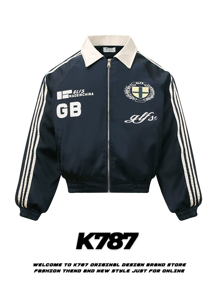 Áo khoác cotton dày dặn kiểu dáng cổ điển Mỹ K787, kẻ sọc, may chần bông, unisex, phong cách biker, thêu họa tiết, áo khoác đôi mùa đông