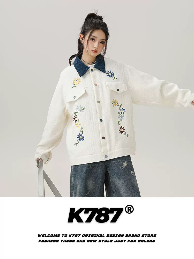 K787 Áo khoác thêu theo xu hướng quốc gia cổ điển của Mỹ unisex trang phục bảo hộ lao động phong cách trang trại phối màu mùa xuân áo khoác bóng chày cặp đôi