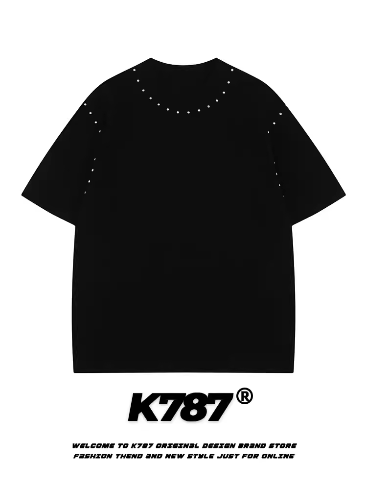 Áo thun ngắn tay màu trơn có đính nút kiểu cổ điển Mỹ K787 dành cho nam và nữ, áo kiểu dáng rộng rãi đa năng phong cách đường phố dành cho cặp đôi.