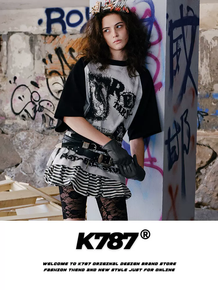 Áo thun tay raglan họa tiết graffiti phong cách retro Mỹ K787 dành cho nam và nữ, áo cặp rộng rãi phong cách hip-hop đường phố mùa hè
