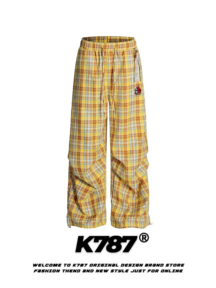 Quần âu unisex kiểu Mỹ cổ điển, phối màu, thêu, chắp vá, kẻ ca rô, dáng rộng, cạp cao, ống thẳng, phong cách đường phố, mã K787