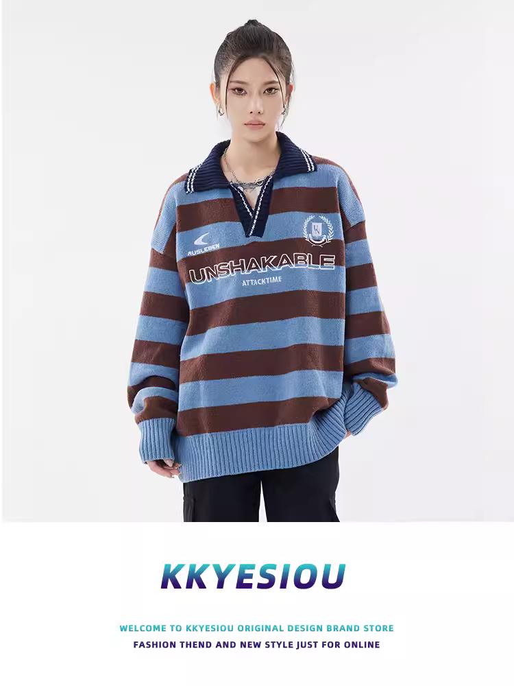 Áo len dệt kim cổ đứng kẻ sọc kiểu Mỹ cổ điển, dáng rộng, unisex, dành cho cặp đôi