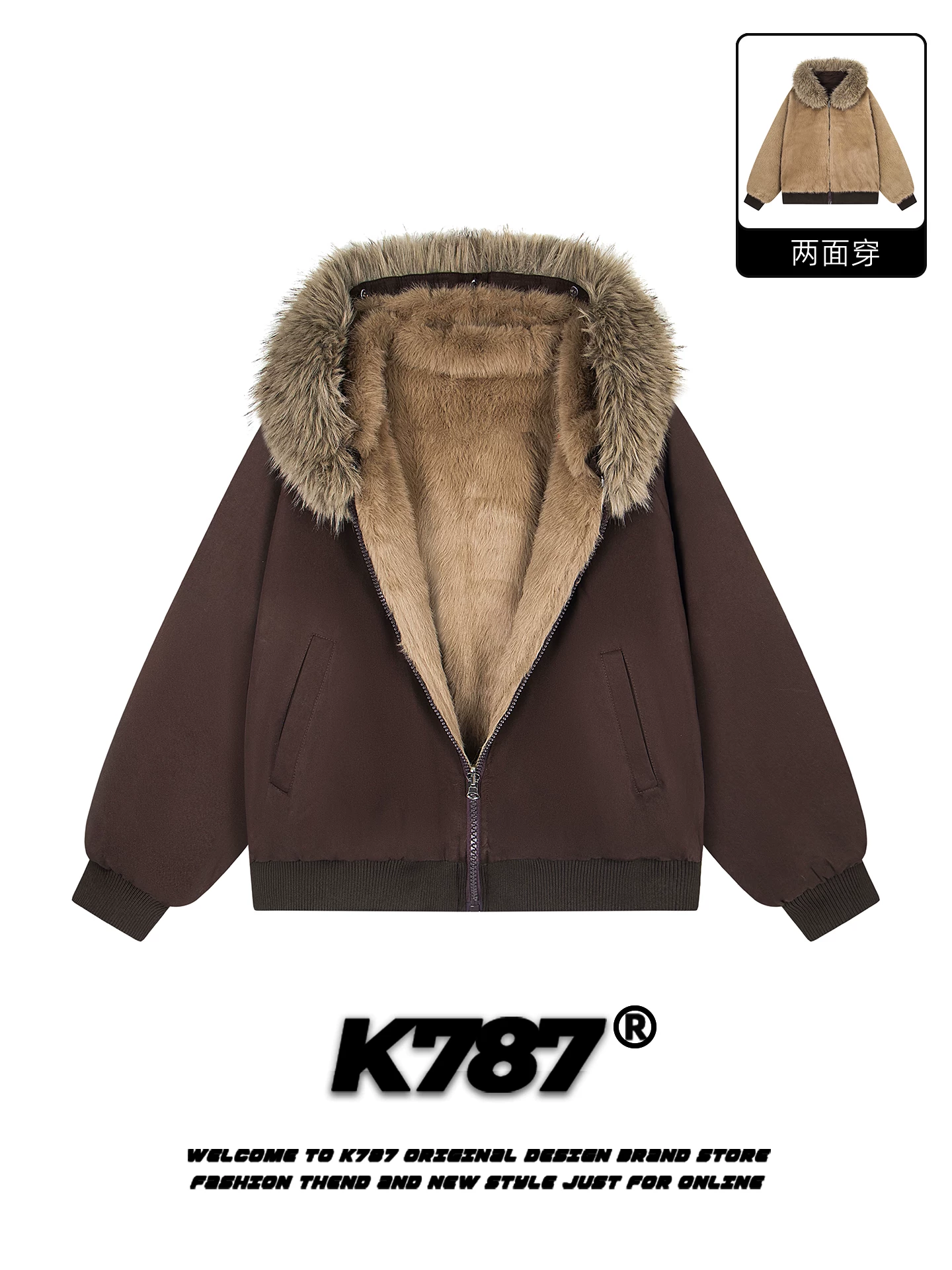 Áo khoác cotton có mũ trùm đầu, cổ lông thú hai mặt kiểu Mỹ cổ điển K787 dành cho nam và nữ, ấm áp, dày dặn, kiểu dáng gọn gàng, khóa kéo, thích hợp cho mùa đông.