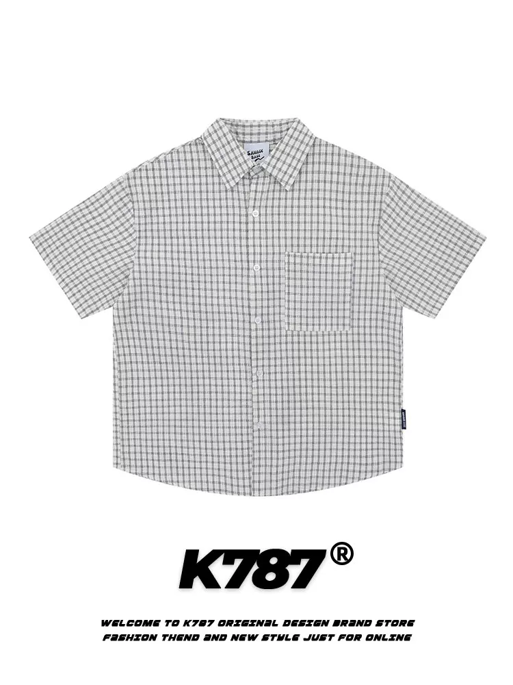 K787 Áo sơ mi ngắn tay dáng rộng kiểu Mỹ cổ điển kẻ sọc dành cho nam và nữ, phong cách cổ điển, hợp thời trang, áo cardigan cặp đôi nửa tay