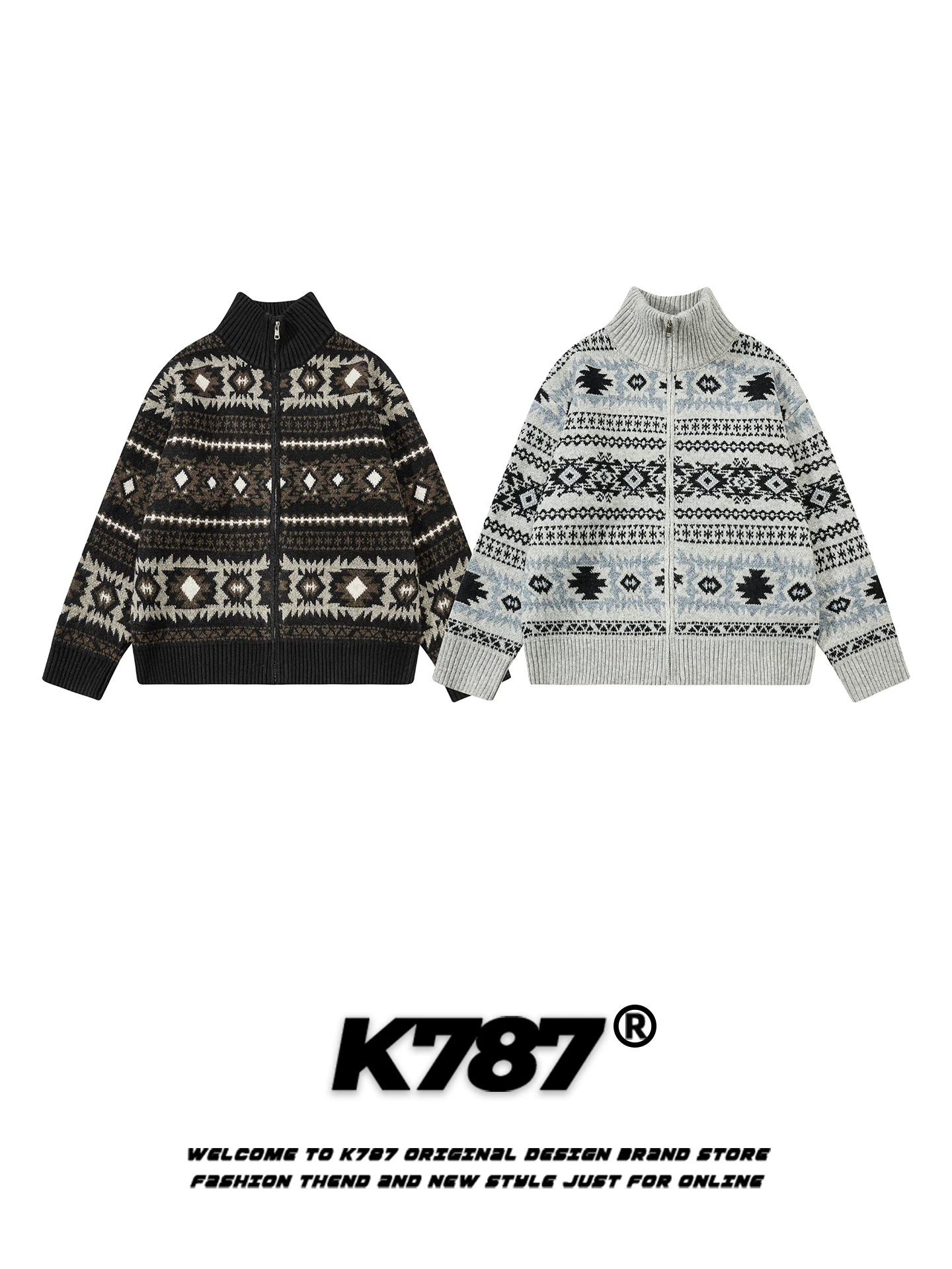 Áo len cardigan jacquard kiểu Mỹ cổ điển K787 dành cho nam và nữ, thương hiệu thời thượng, dáng rộng, ấm áp, áo len cổ đứng dành cho cặp đôi