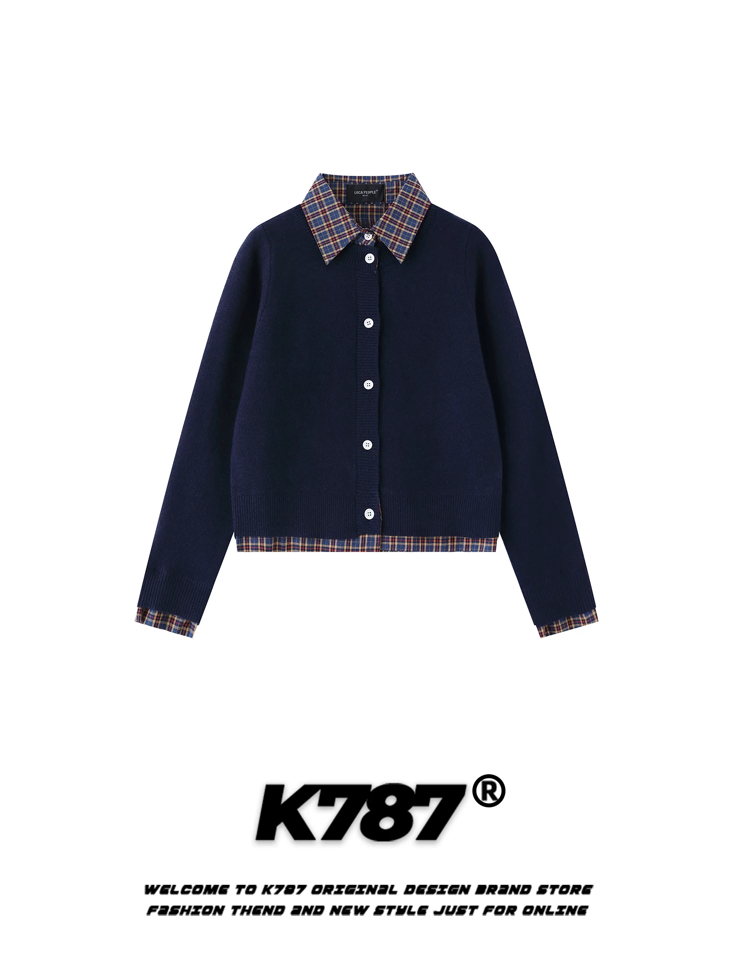 Áo len cardigan giả hai mảnh kiểu Mỹ cổ điển K787, phối họa tiết ca rô, dáng ôm, màu đỏ đậm, chất liệu len ngắn dành cho nữ