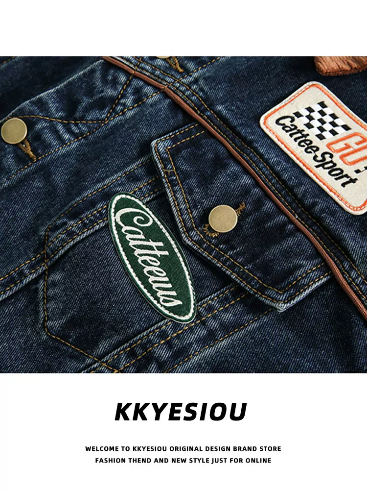 Áo khoác denim phối màu phong cách retro Mỹ của KKyesiou dành cho nam và nữ, áo khoác đôi thêu vintage