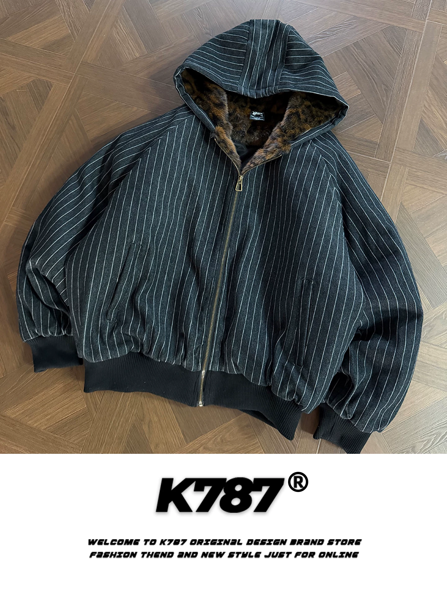 Áo khoác cotton có mũ trùm đầu họa tiết da báo cổ điển Mỹ K787 dành cho nam và nữ, áo khoác cotton có dây kéo ấm áp, kiểu dáng rộng, cổ điển, có lớp lót lông vũ