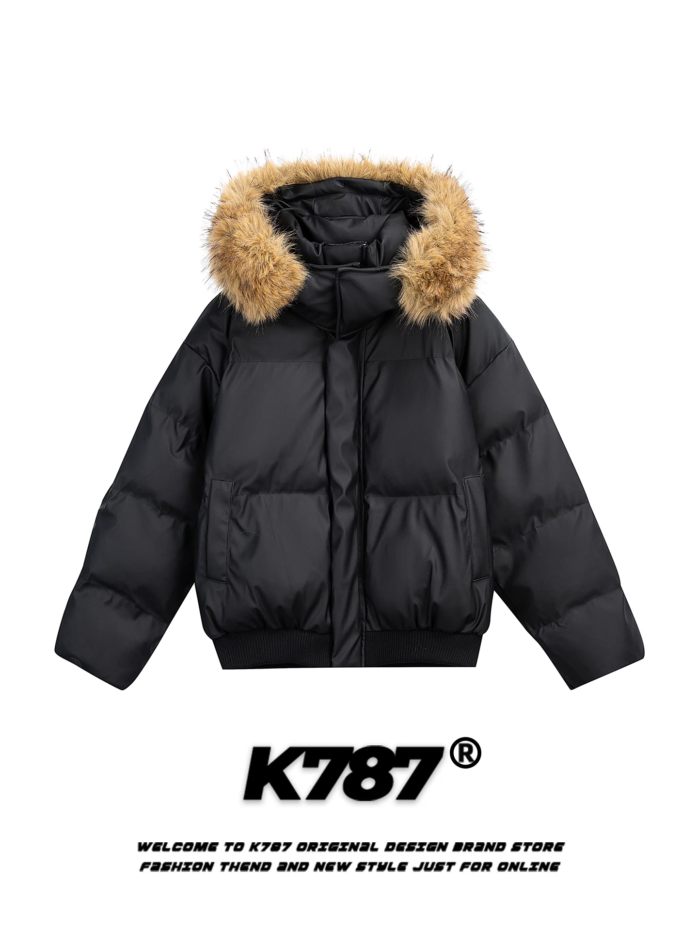 Áo khoác cotton có mũ trùm đầu, cổ lông dày dặn, màu trơn, kiểu Mỹ cổ điển K787 dành cho nam và nữ, theo xu hướng quốc gia, dày dặn và ấm áp, áo khoác cotton mùa đông 2025.