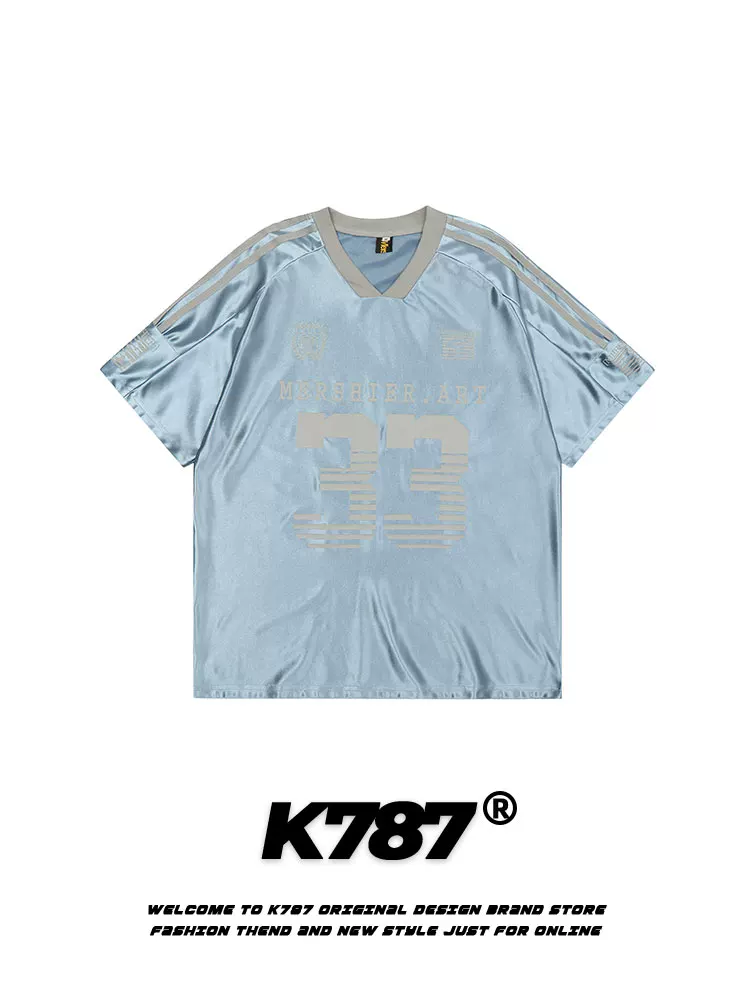 K787 Áo thun ngắn tay cổ chữ V phong cách retro quốc gia Mỹ dành cho nam và nữ blokecore chữ đau khổ jersey nửa tay