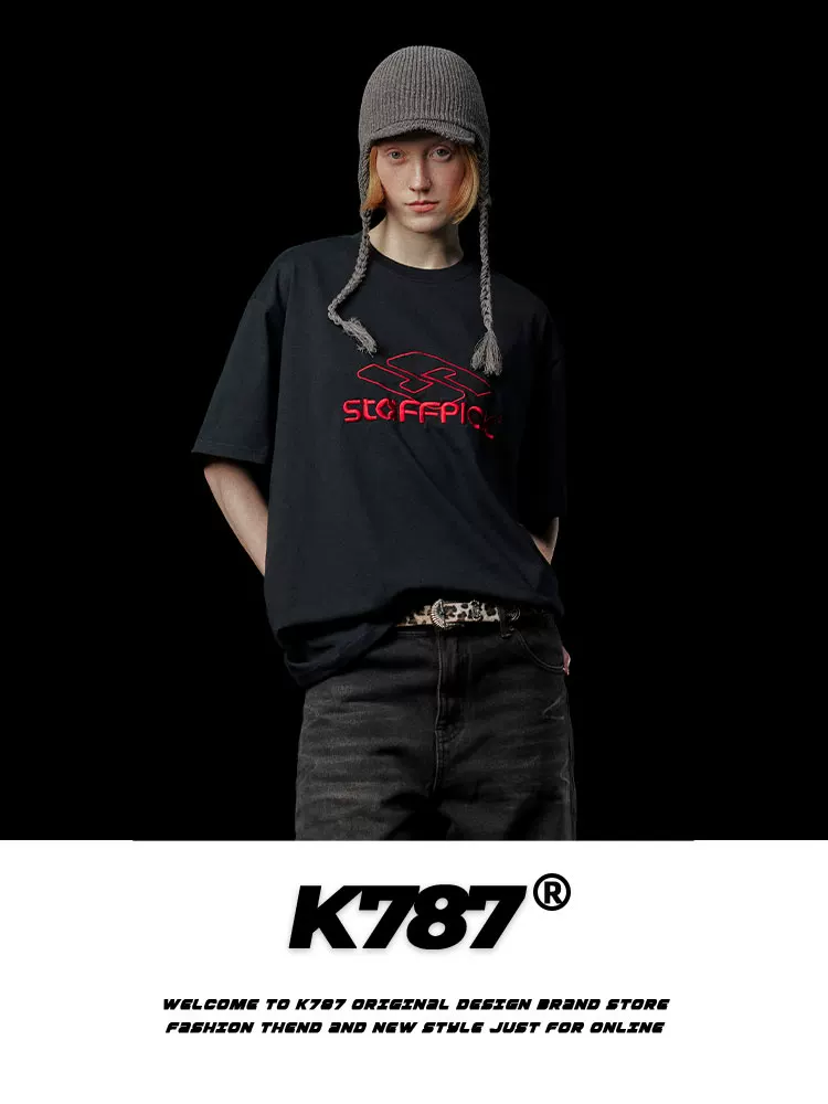 K787 Áo thun ngắn tay thêu phong cách retro kiểu Mỹ dành cho nam và nữ, áo thun ngắn tay phong cách đường phố đa năng dành cho cặp đôi mùa hè