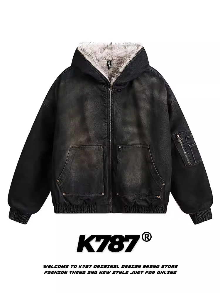 Áo khoác denim có mũ trùm đầu, cổ lông dày kiểu Trung Quốc K787 dành cho nam và nữ, đã qua xử lý làm mềm và tạo hiệu ứng cũ kỹ, áo khoác cotton có mũ dành cho cặp đôi mùa đông.