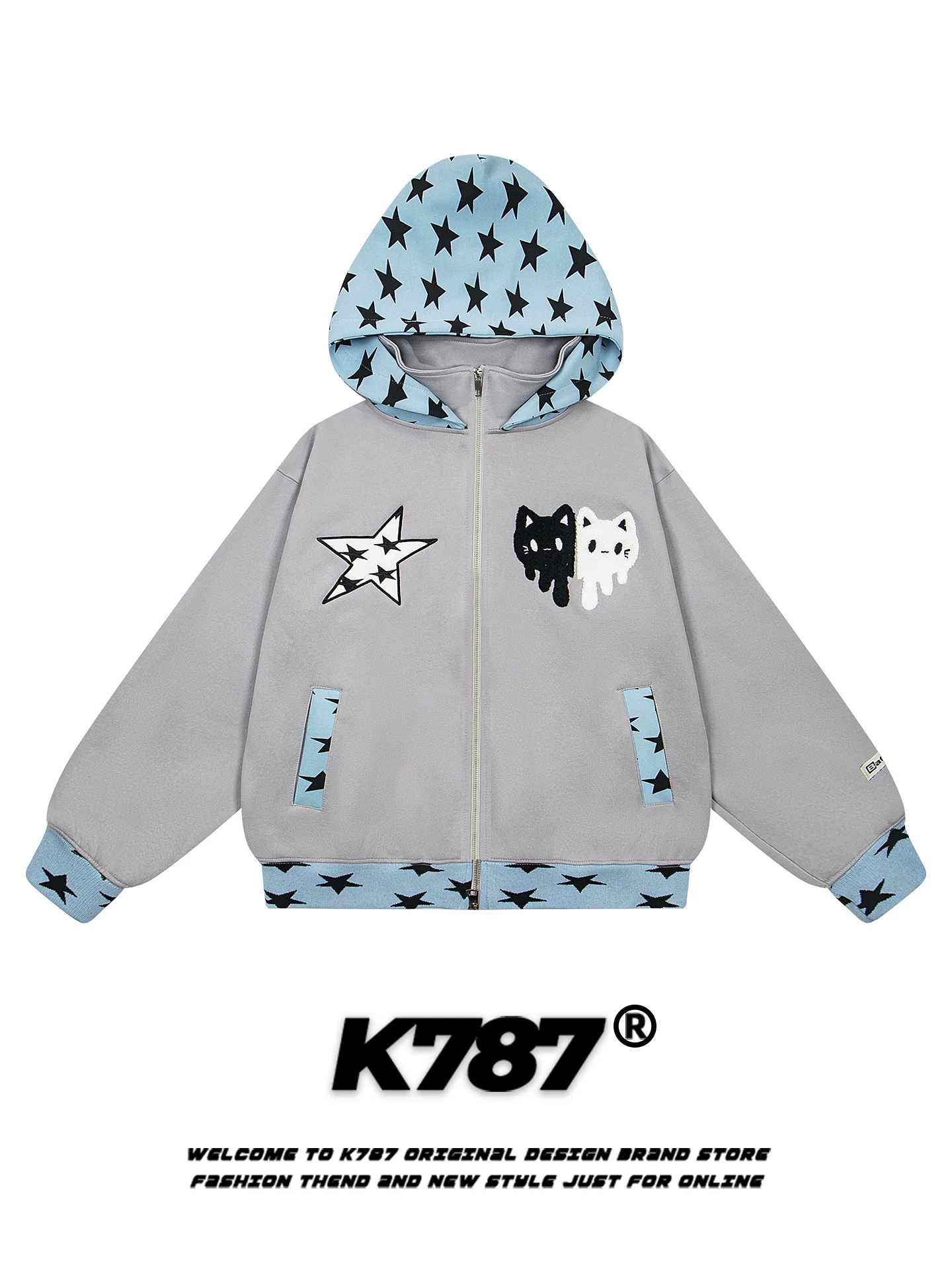 Áo hoodie thêu hình mèo retro Mỹ K787, kiểu dáng unisex, rộng rãi, màu đỏ, áo khoác đôi có khóa kéo