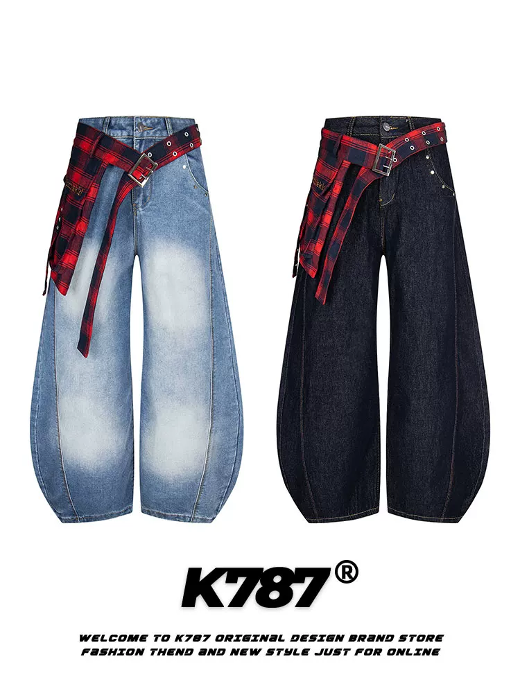 Quần jeans ống rộng dáng suông lưng cao unisex phong cách retro Mỹ, phối họa tiết ca rô, kiểu dáng quần lửng, chất liệu denim, mã K787