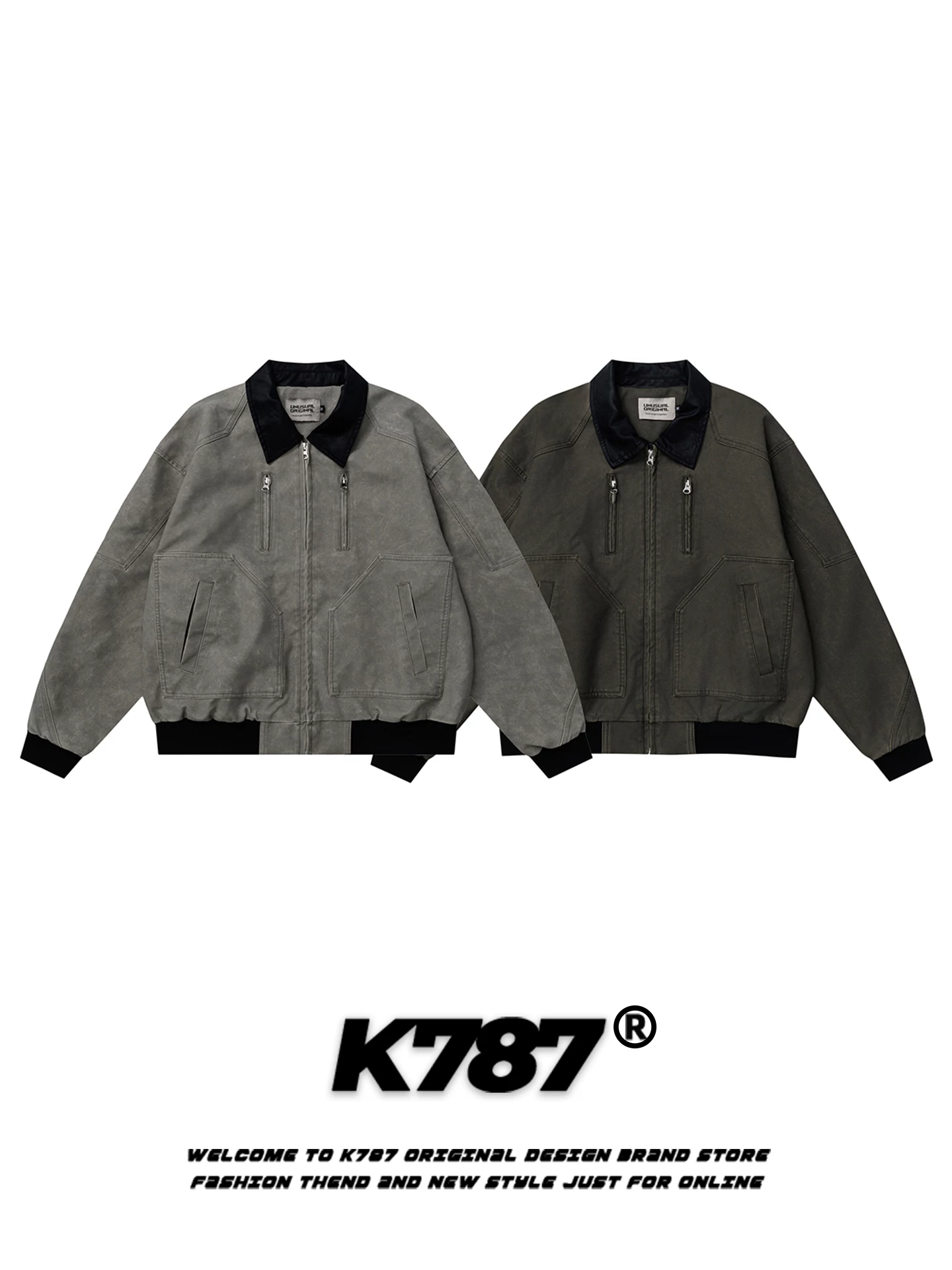 Áo khoác bomber ngắn dáng rộng nhiều túi phối màu phong cách retro Mỹ K787 unisex thời trang thương hiệu cao cấp có khóa kéo