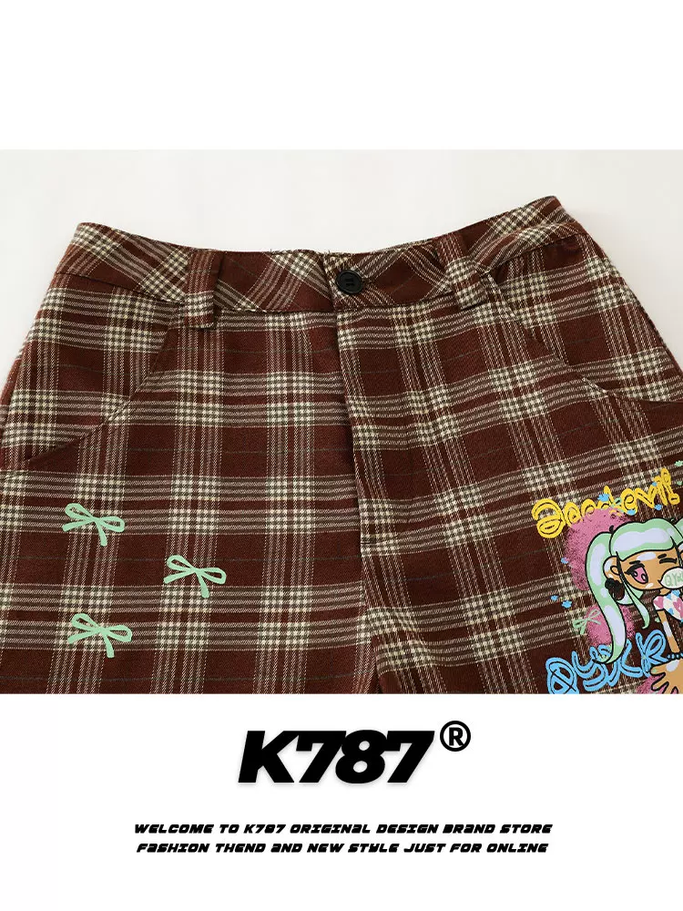 Quần ống rộng unisex kiểu dáng xu hướng đường phố, cạp cao, chất liệu kẻ caro, in họa tiết hoạt hình retro Mỹ, kiểu dáng lửng, rộng rãi, thoải mái, mã K787