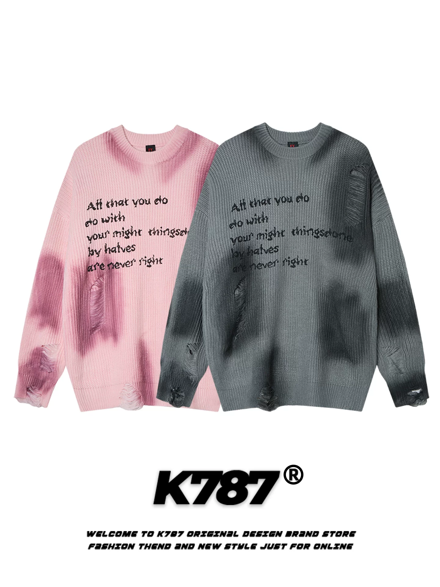 Áo len cổ tròn phối màu tie-dye kiểu Mỹ cổ điển K787 dành cho nam và nữ, có chữ in cũ kỹ, phong cách lười biếng, kiểu dáng rộng rãi, đồ dệt kim dành cho cặp đôi.