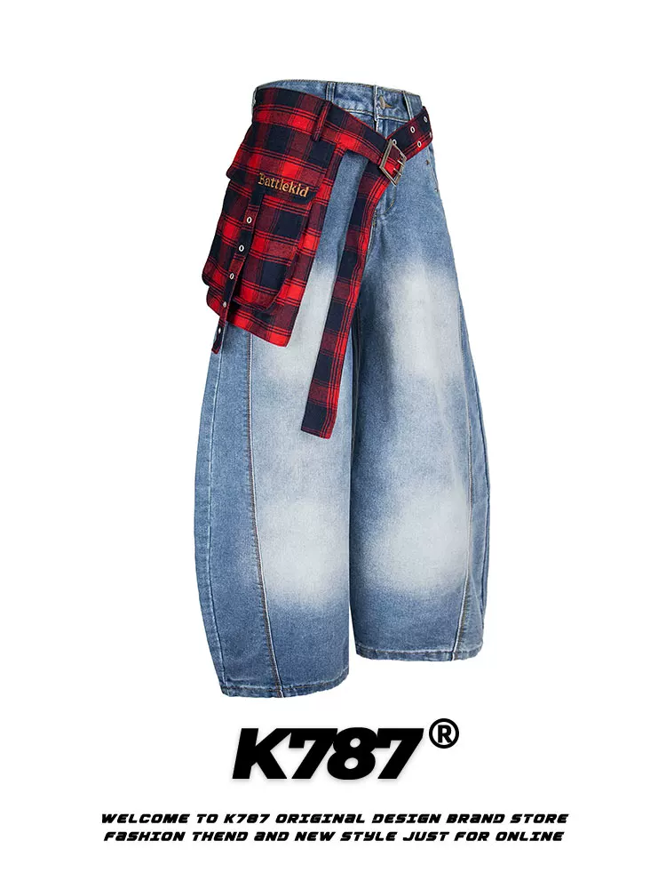 Quần jeans ống rộng dáng suông lưng cao unisex phong cách retro Mỹ, phối họa tiết ca rô, kiểu dáng quần lửng, chất liệu denim, mã K787