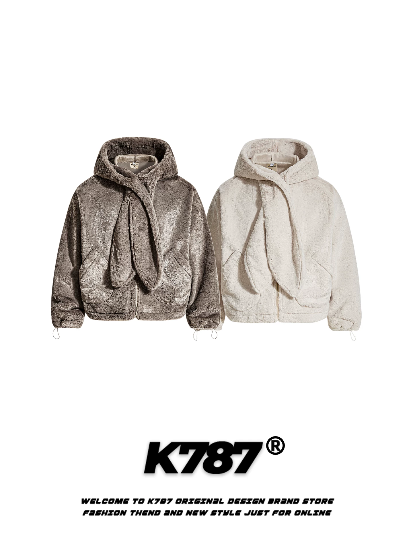 Áo khoác cotton có mũ trùm đầu hình tai thỏ lông thú phong cách đường phố Mỹ K787 dành cho nam và nữ, phong cách ngọt ngào và cá tính, lót lông cừu, áo khoác có khóa kéo ấm áp cho mùa đông.