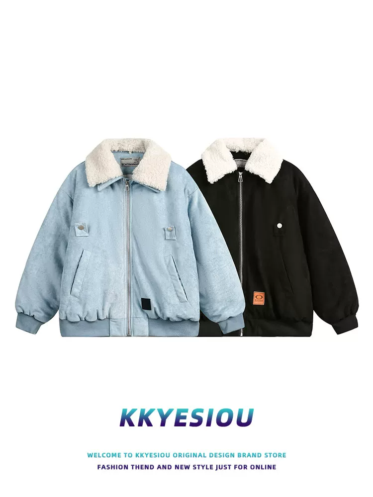 Áo khoác cotton cổ lông tháo rời phong cách retro Mỹ của KKyesiou dành cho nam và nữ, áo khoác dày kiểu vintage dành cho cặp đôi