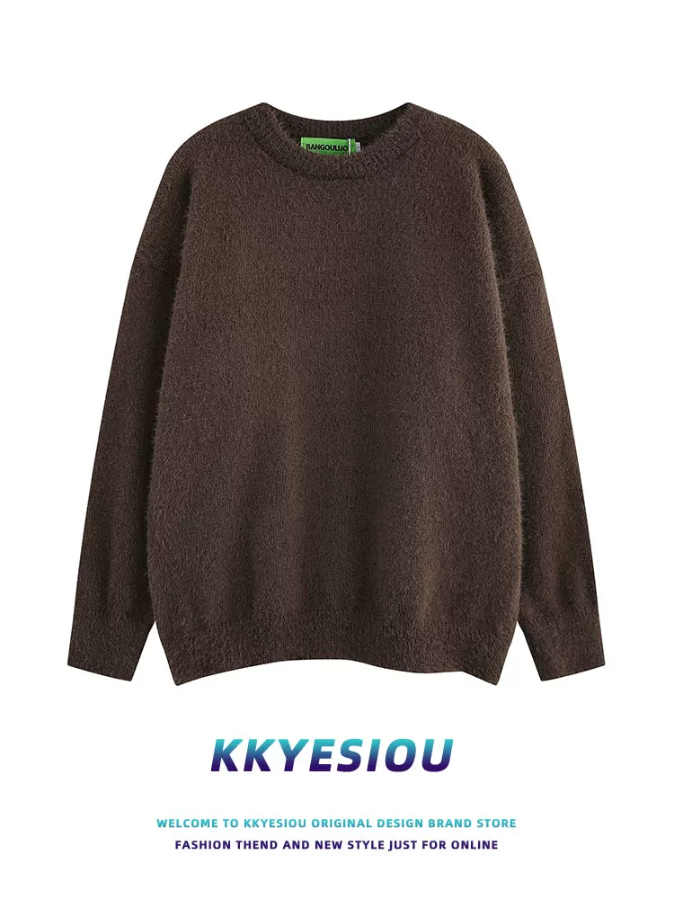 Áo len dệt kim màu trơn phong cách retro Mỹ KKyesiou dành cho nam và nữ, kiểu dáng rộng rãi, phong cách thường ngày, dành cho cặp đôi