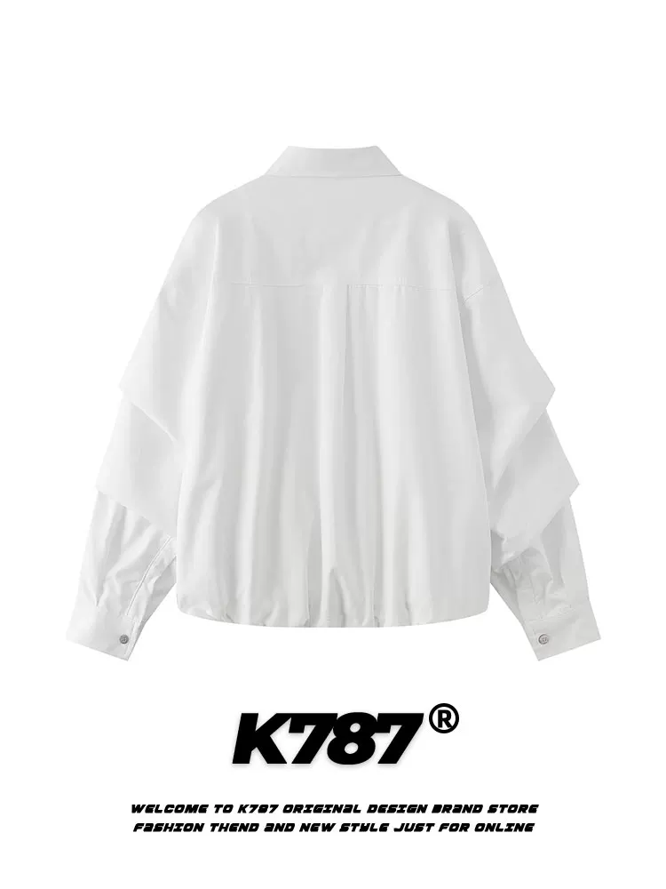Áo khoác kiểu Mỹ cổ điển xếp ly, thiết kế phá cách, có cổ, dành cho nam và nữ, kiểu dáng học sinh, có dây rút ở gấu áo, phong cách thường ngày.
